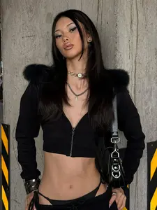 Women's Sexy Fitted Hooded Zipper Cardigan Coat, Plain Artificial Fur High-Waisted Casual Jacket for Fall & Winter, Long Sleeve, Womenswear