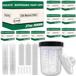 Value Pack 10 Boxes - Disposable Spray Gun Paint Cups Liners and Lid Kit - Each Box Includes: 50 Cup Liners, 50 Lids with 125 Mic, 1 Hard Cup with Retainer Ring and 20 Plugs (10 Boxes of 800ml/27oz)