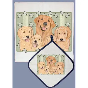 212 MAIN Pipsqueak Productions Cotton Kitchen Towels and Pot Holder Set - Absorbent, Decorative Golden Retriever Themed Home Care Supplies, Ideal Gift Item