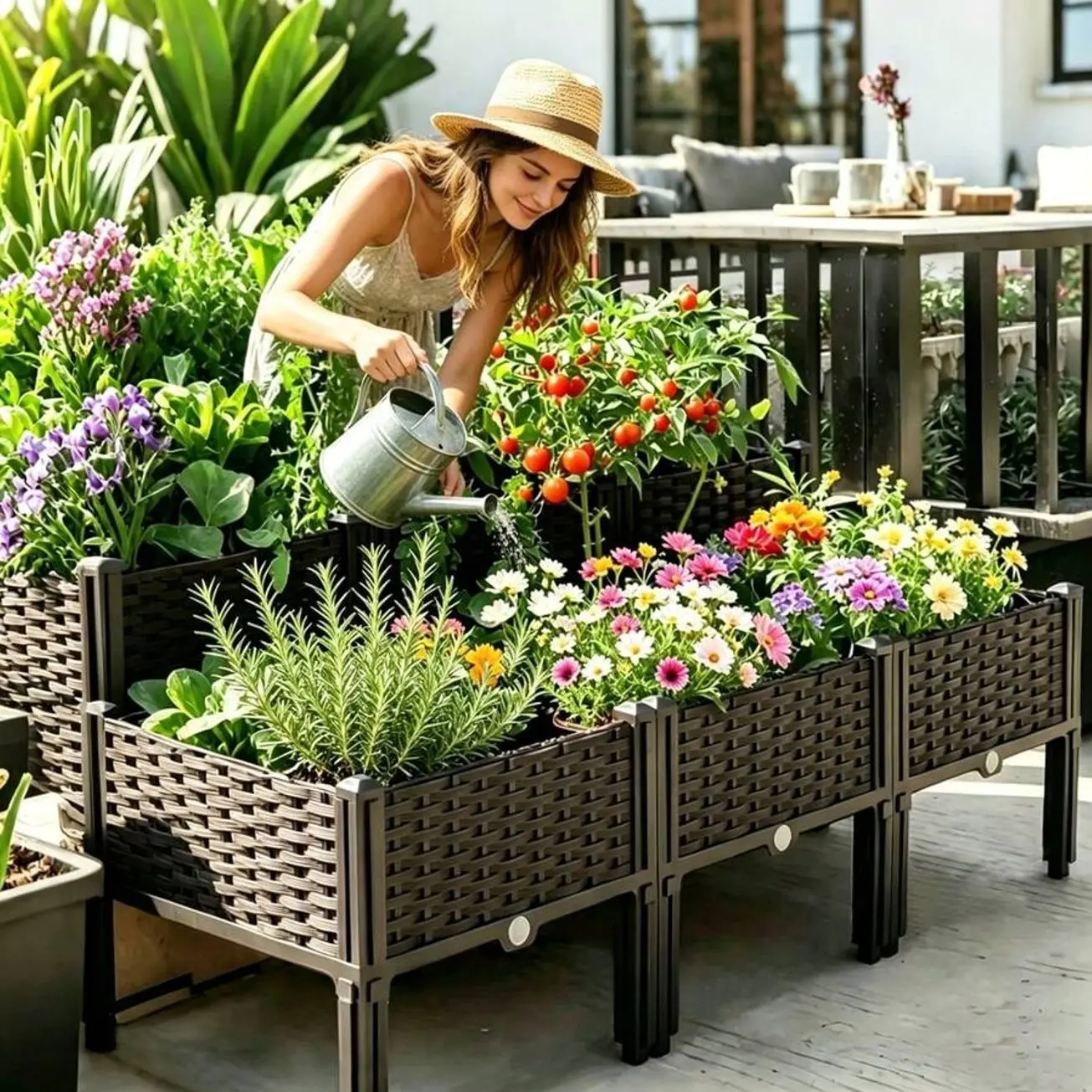 4-In-1 Raised Garden Bed With Legs, Modular Woven Plastic Planter Box for Vegetables, Herbs, and Flowers, Durable Elevated Outdoor Garden Kit