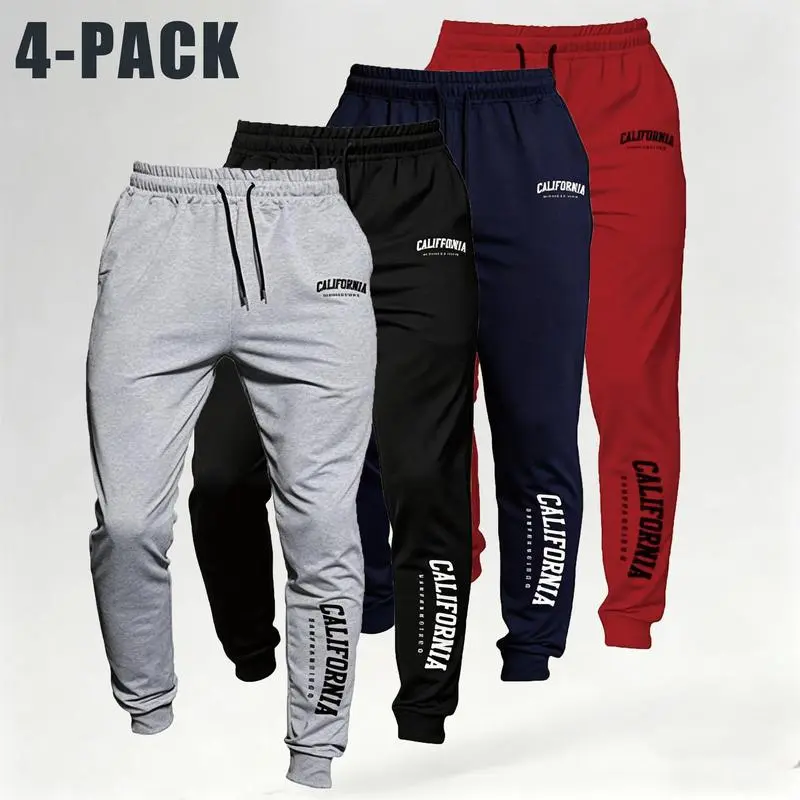 Men’s 4-Pack Trendy Jogger Sweatpants – American Streetwear Style, Drawstring Waistband Casual Long Pants, Multicolor Letter Print, Versatile Sport Track Pants for Everyday Fitness