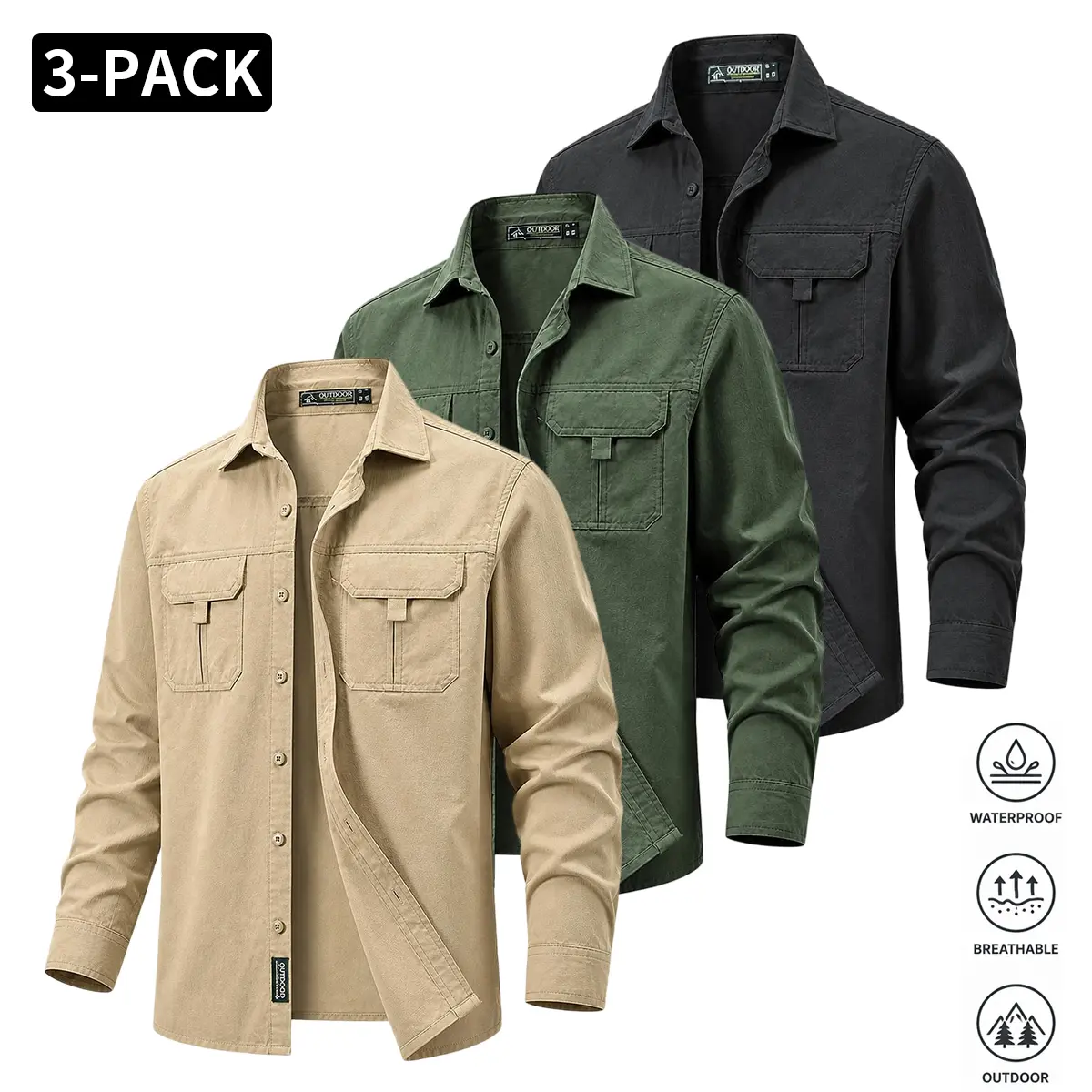 Men’s 3-Pack Outdoor Workwear Long-Sleeve Shirts – Waterproof, Breathable, Multi-Pocket, Turn-Down Collar Casual Commuter Shirt Jackets