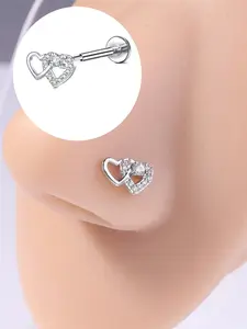 Stainless Steel Heart Nose Ring, Septum Piercing, Cubic Zirconia Push-In Stud, Women's Piercing Jewelry, 16g/20g 6mm/8mm, for Soft Cartilage & Earlobes