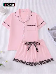 Women's Contrast Binding Pajama Two-piece Set, Short Sleeve Button Front Top & Shorts Pj Set, Casual Comfy Basic Loungewear Set for Women, Nightwear, Pyjamas, Womenswear, Loungewear Pajamas Set, Pajama Clothes, Lounge Sets