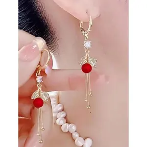 1Pair Luxurious Red New Style Long Tassel Pearl Leaf Dangle Earrings, Elegant Jewelry Accessories