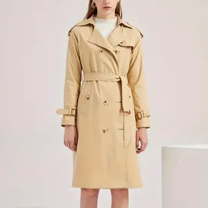 Women's Elegant Belted Collar Cotton Long Sleeve Fitted Trench Coat - Heavy Winter Tops, Minimalist Solid Tailored Non-Stretch Strap Jackets & Outerwear, Basic Black Khaki Brown, S-2XL
