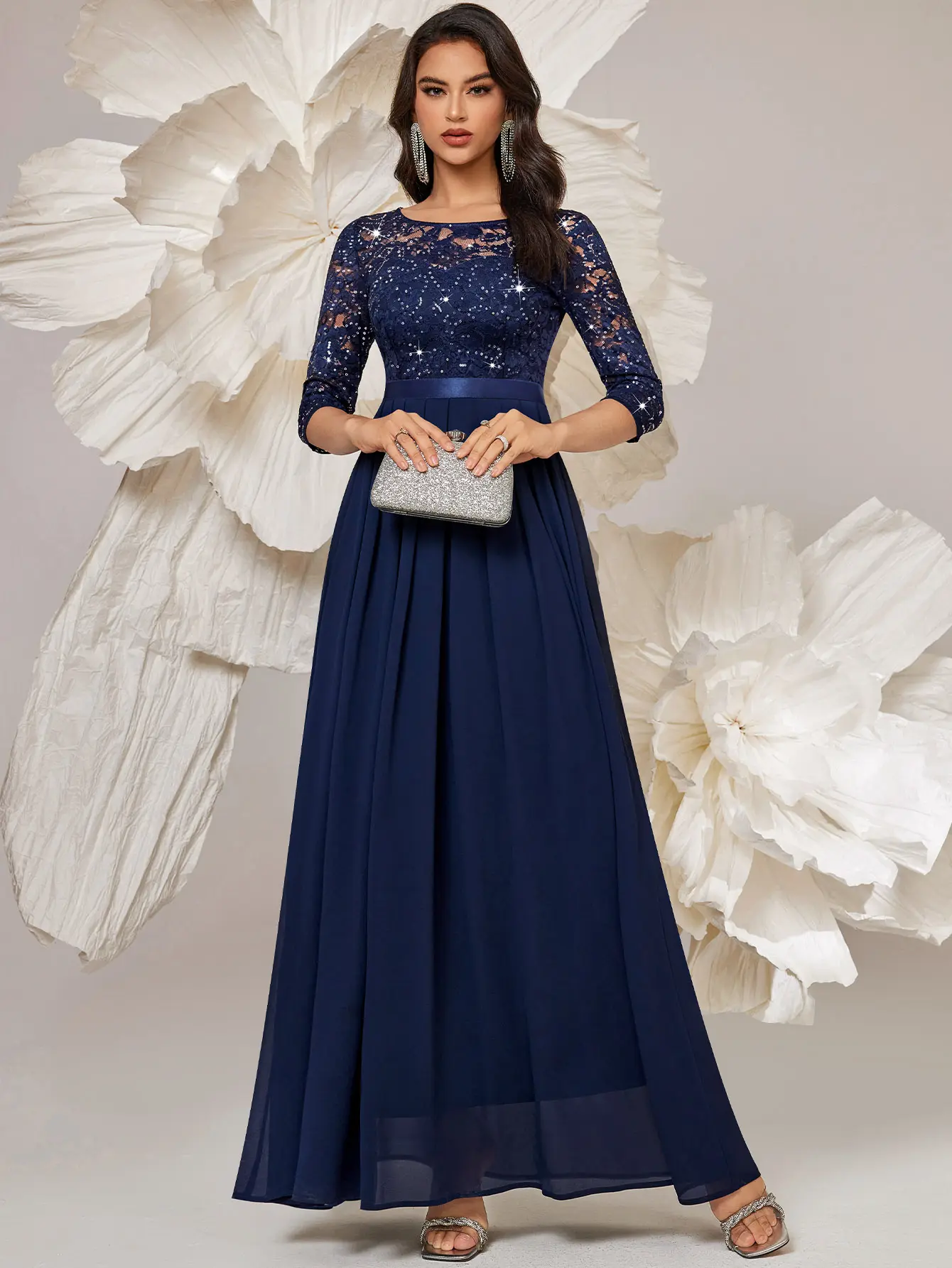 green emerald velvet dress Elegant Sequin Floral Lace 3/4 Sleeve Pleated Hem Chiffon Formal Party –  Miusol main image 1