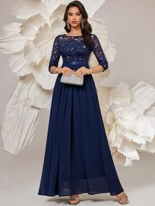 Miusol Women's Sparkly Formal Party Maxi Dress - 3/4 Sleeve, Elegant Sequin Floral Lace, Pleated Hem, Chiffon, Ruched, Ruffle, Fit, Spandex, Basic, Zipper, Formal Wear for Cocktail & Evening Events, Formal Dresses For Women, Elegant Dresses For Women