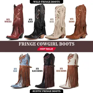 CELNEPHO Women Cowboy Boots Western Fringe Pointed Toe Classic Tassel Embroidered Chunky Block Heel Retro Easy Pull on Mid Calf Boots Valentine Gifts Spring Festival Dress Shoes.