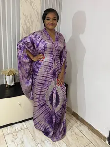 Batik Adire Maxi Silk Dress, Hand-Dyed African Print Kaftan BuBu One Size Fabric Ready to wear BooBoo Purple