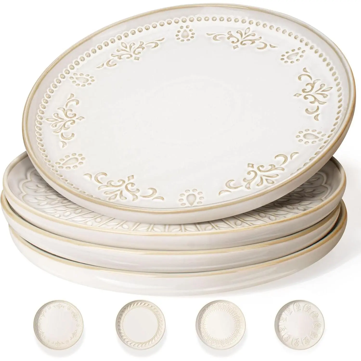Large Ceramic Dinner Plates Set Of 4, 10.75 Inch Embossed Kitchen Salad Plates, Modern Serving Plates For Restaurant, Plates With Lipped Edges, Microwave Dishwasher Safe (Multiple Patterns)