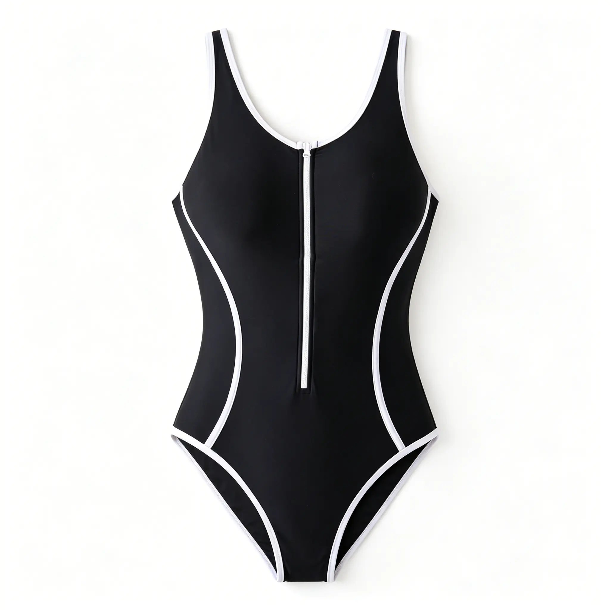 Black & White Trim Zip-Front One Piece Swimsuit, High Cut Racerback Athletic Bathing Suit, Tummy Control Sporty Swimwear for Women
