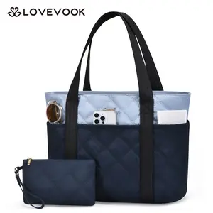 LOVEVOOK Large Capacity Puffer Tote Bag for Women,with Multiple Compartments and a Cup Holder,Stylish Quilted Travel Shoulder Bag,Lightweight and Comfortable,Suitable for Various Occasions