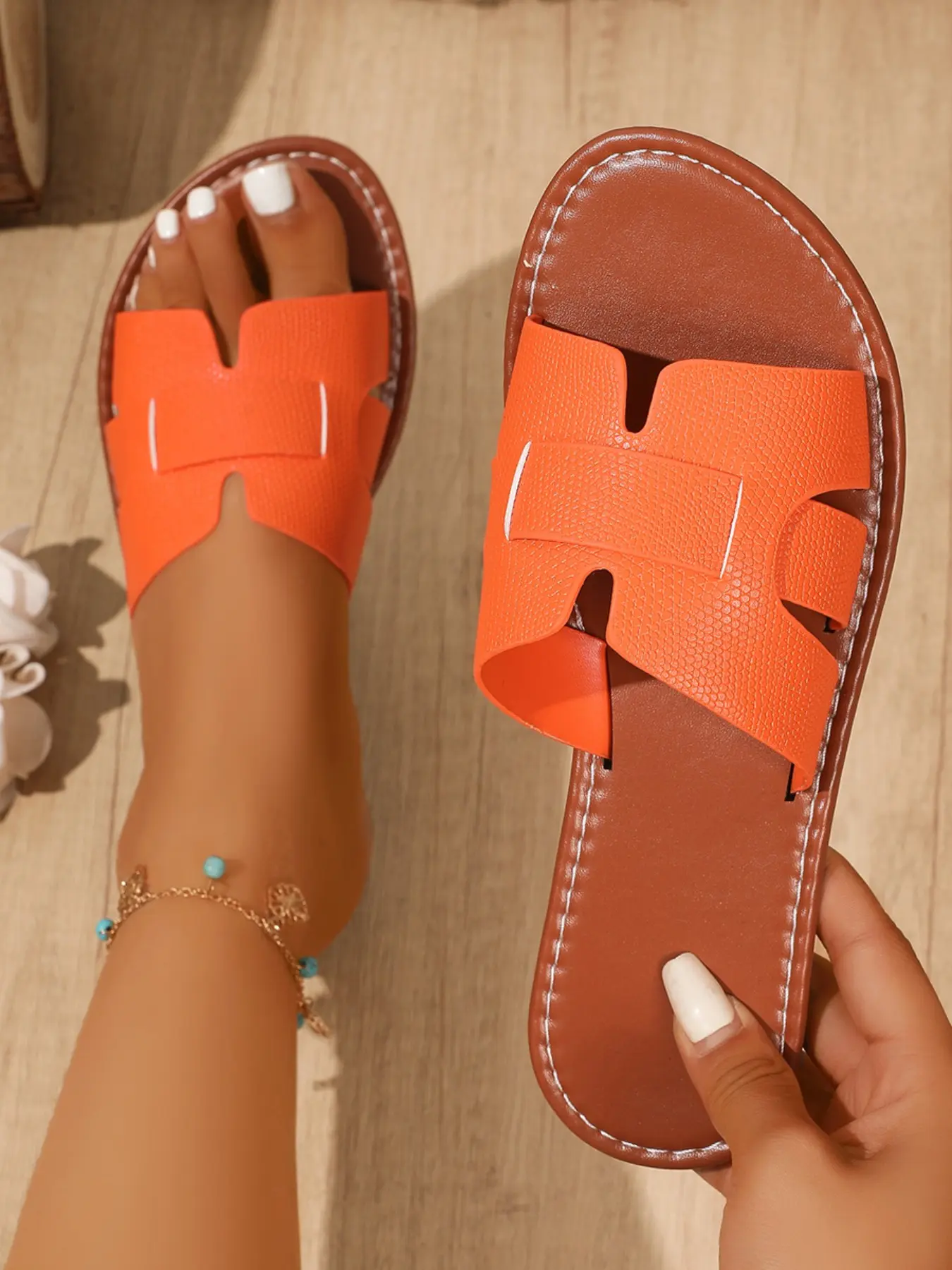Women's Summer Flat Sandals, Casual PU Leather Slippers, Pu Leather Slides, Rubber Sole, Below Ankle Height, Fashionable Outdoor Wear, All Match Sandals, Fashionable Footwear