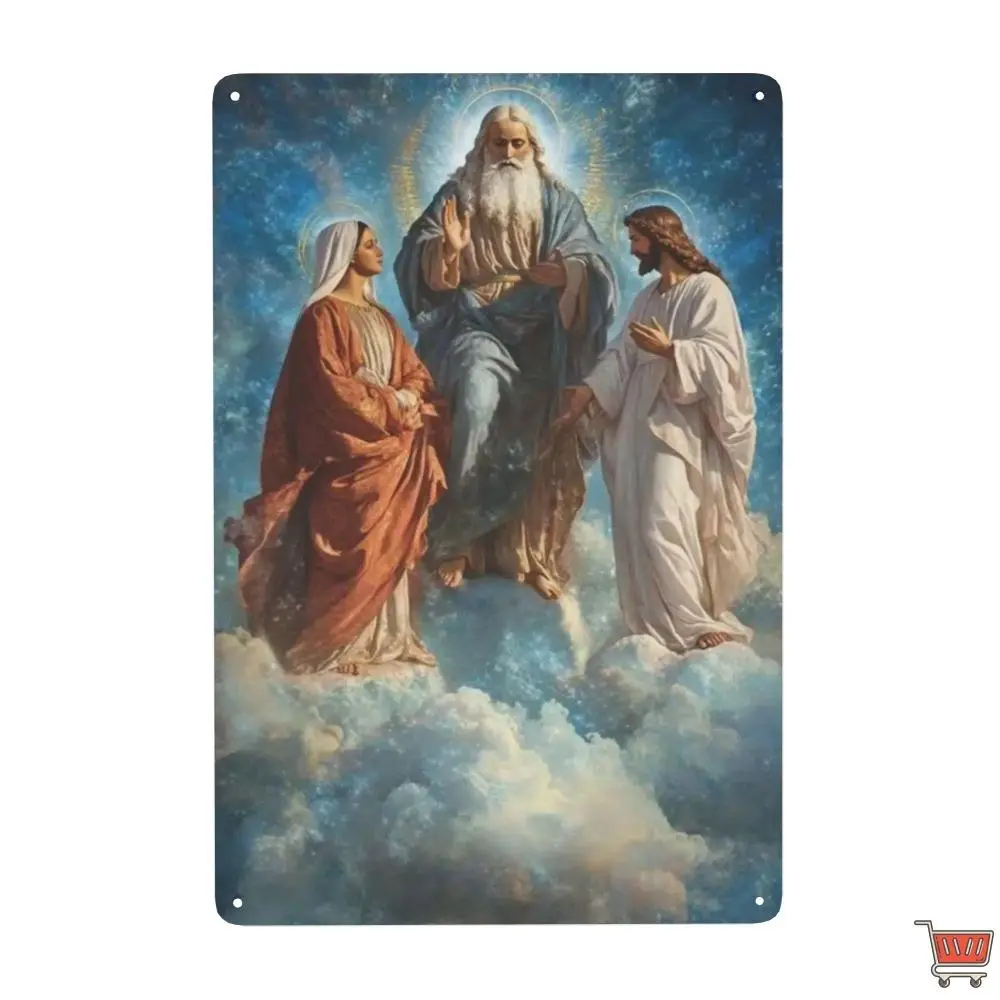 Heavenly Clouds Holy Trinity Our Lady Mary God The Father Jesus Christ Catholic Vintage Metal Tin Sign Religious Wall Hanging Decor Rustic Religious Art Plaque for Church Altar Home Decor Catholic Gift