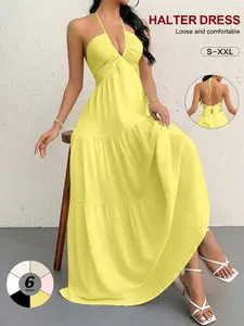Deep V Neck Backless Dress with Bow, Adjustable Straps, Maxi Skirt, Bohemian Style, Plain Pattern, Conceals Belly Fat, Long Dress
