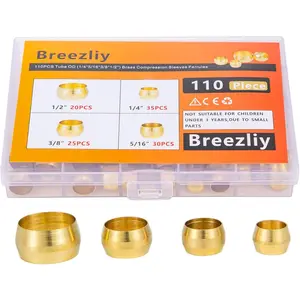 110PCS Tube OD 1/4" 5/16" 3/8" 1/2" Brass Compression Sleeves Ferrules Brass Compression Fitting Assortment Kit