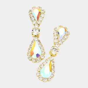 AB Double Teardrop Rhinestone Accented Small Pageant Earrings on Gold | Little Girl Earrings |  565455