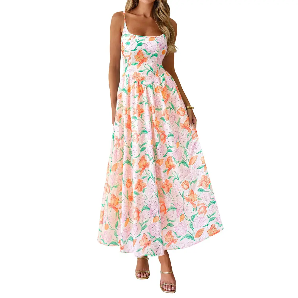 PrettyGarden Womens' Sleated Strap Spring Boho Feminine Maxi Dress Eyelet Floral Long Flowy Sundresses Summer Beach Vacation Clothes