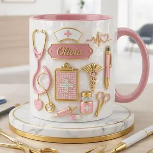 Personalized Nurse Mug 2D Printed 3D Effect Custom Name Coffee Cup Medical Design for RN Nurses Healthcare Workers, Nurse Appreciation Graduation Birthday Gift for Her Coffee mugs, ceramic mugs, custom mugs, personalized mugs, printed mugs, gift mugs