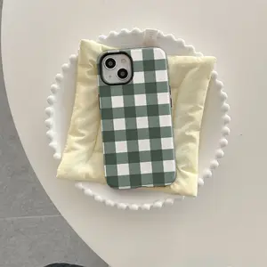 Phone case: Plaid Pattern Groovy Green Two-In-One Film Case - Tough, Dual Layered Case for Superior Protection, Durable, Drop-proof - for iPhone 16, 15, 14, 13, 12, 11, 8, 7, X, XS, XR, Plus, Pro, Max, , SE2, SE3, Perfec Compatible with Samsung Galaxy S25