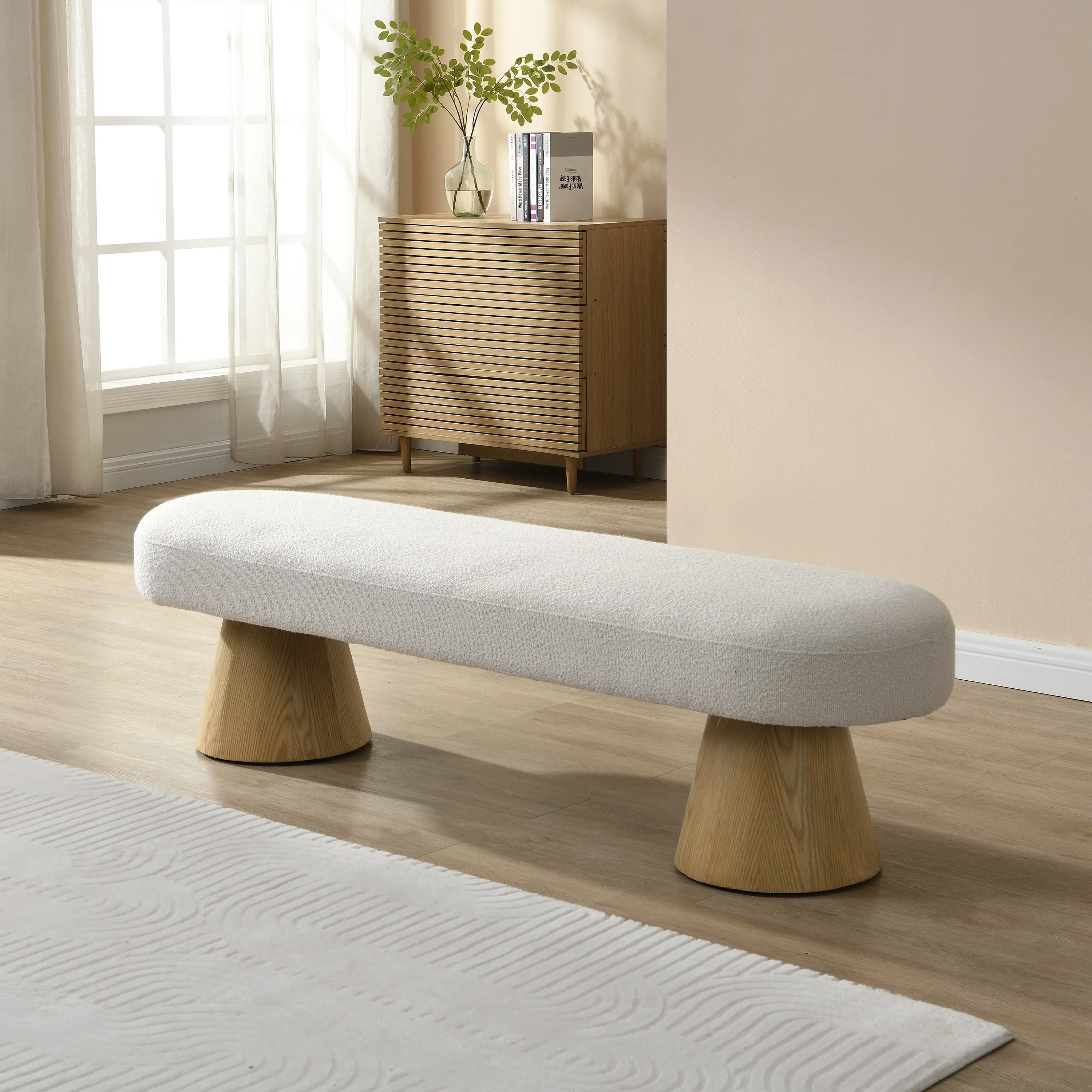 64" Upholstered Dining Bench for Dining Room, Boucle Ottoman Bench for Living Room, End of Bed Entryway Bench with Beige Stool Top, 300 LBS Weight Capacity, Indoor Bench for Kitchen, Hallway, Bedroom, Home Furniture and Household Product