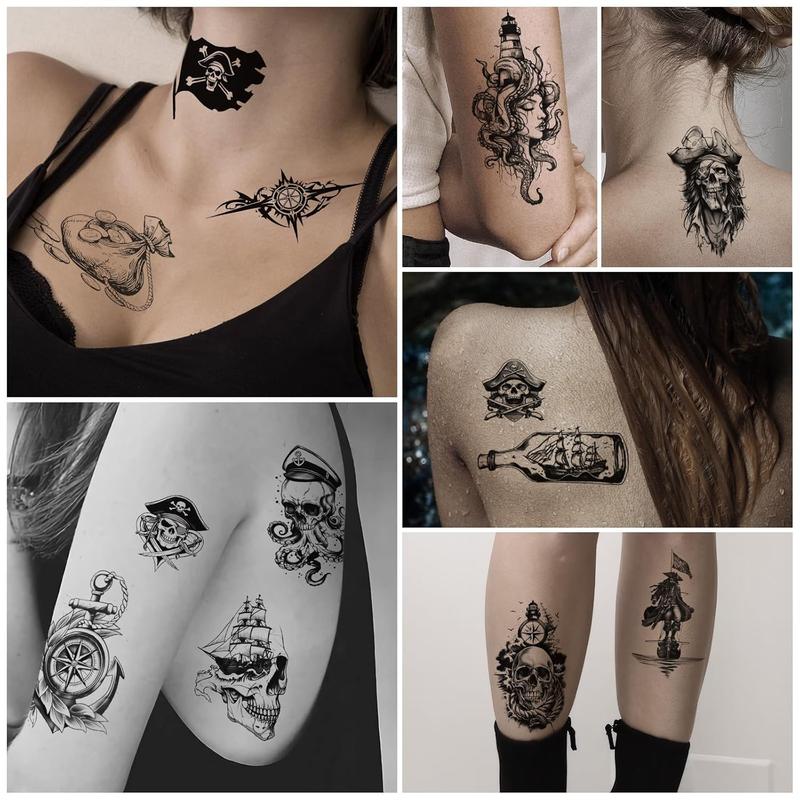 77 Sheets Pirate Temporary Tattoos Adult,Captain Anchor Compass Sailboat Tattoos, Pirate Ships Flag Skull Crossbones Sailor Fake Tattoo for Costume, Fake Arm Tattoos for Men Women Kids