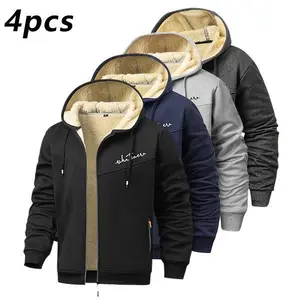 Men's autumn and winter wool lined thick warm hooded sweatshirt with adjustable drawstring hood and front zipper, suitable for outdoor skiing and daily wear in winter