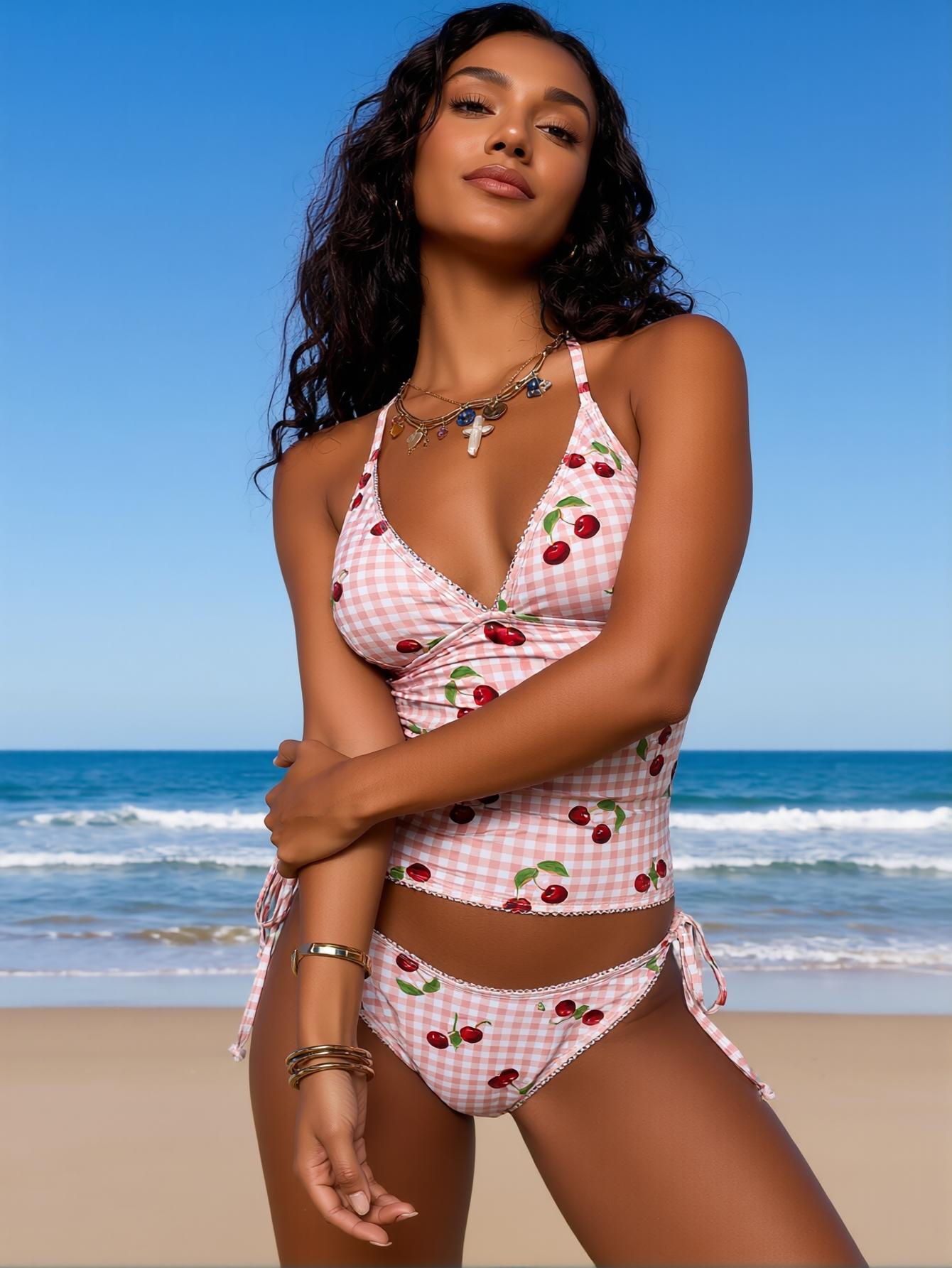 2026 summer cute pink plaid cherry print two-piece swimsuit set V-neck halter swimwear two-piece set perfect for beach vacation, pool party