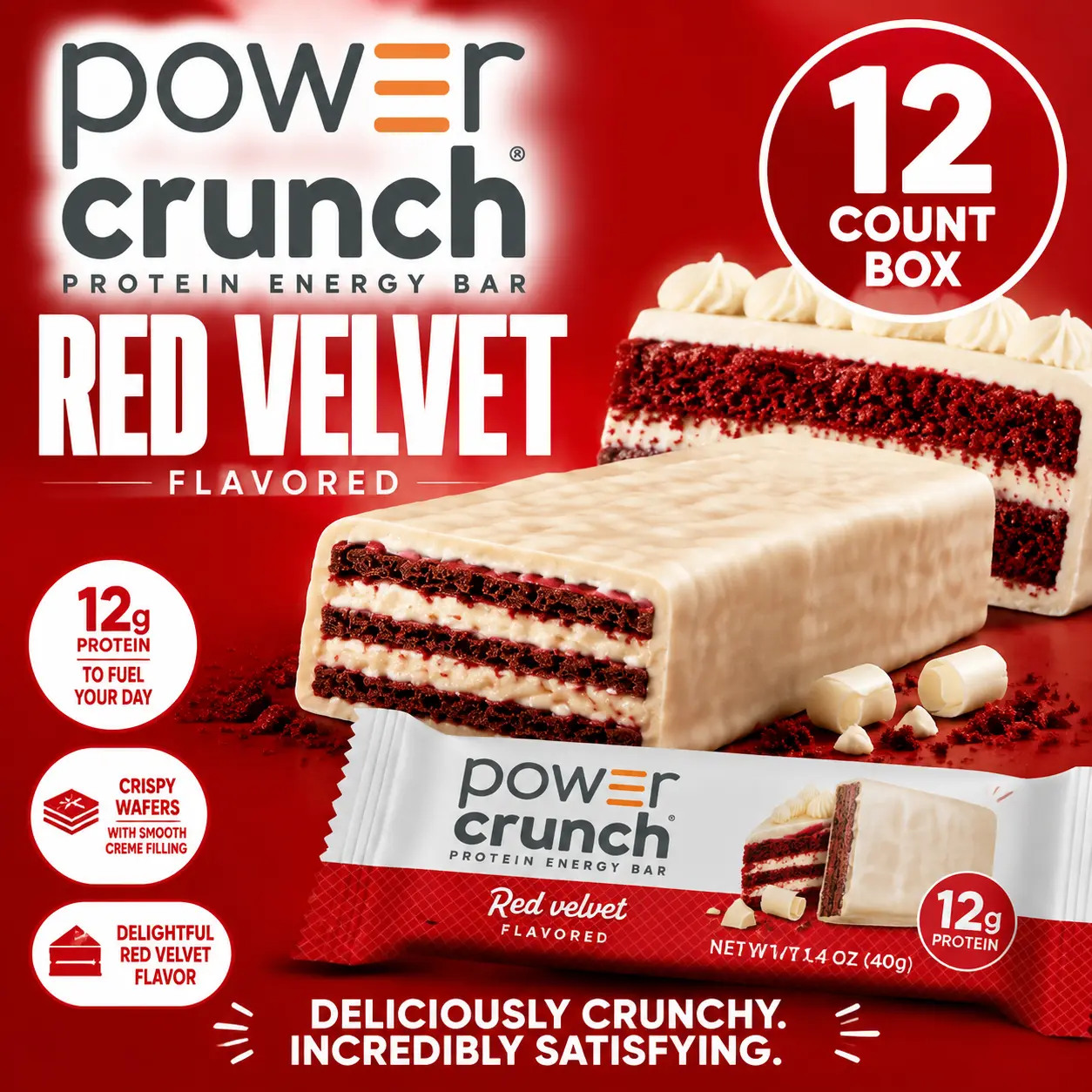Power Crunch Protein Wafer Bars Red Velvet 1.4 oz 12 Count ️ Crispy Protein Wafer Snack Bars | Red Velvet Dessert Flavor On-the-Go Treats Sweet