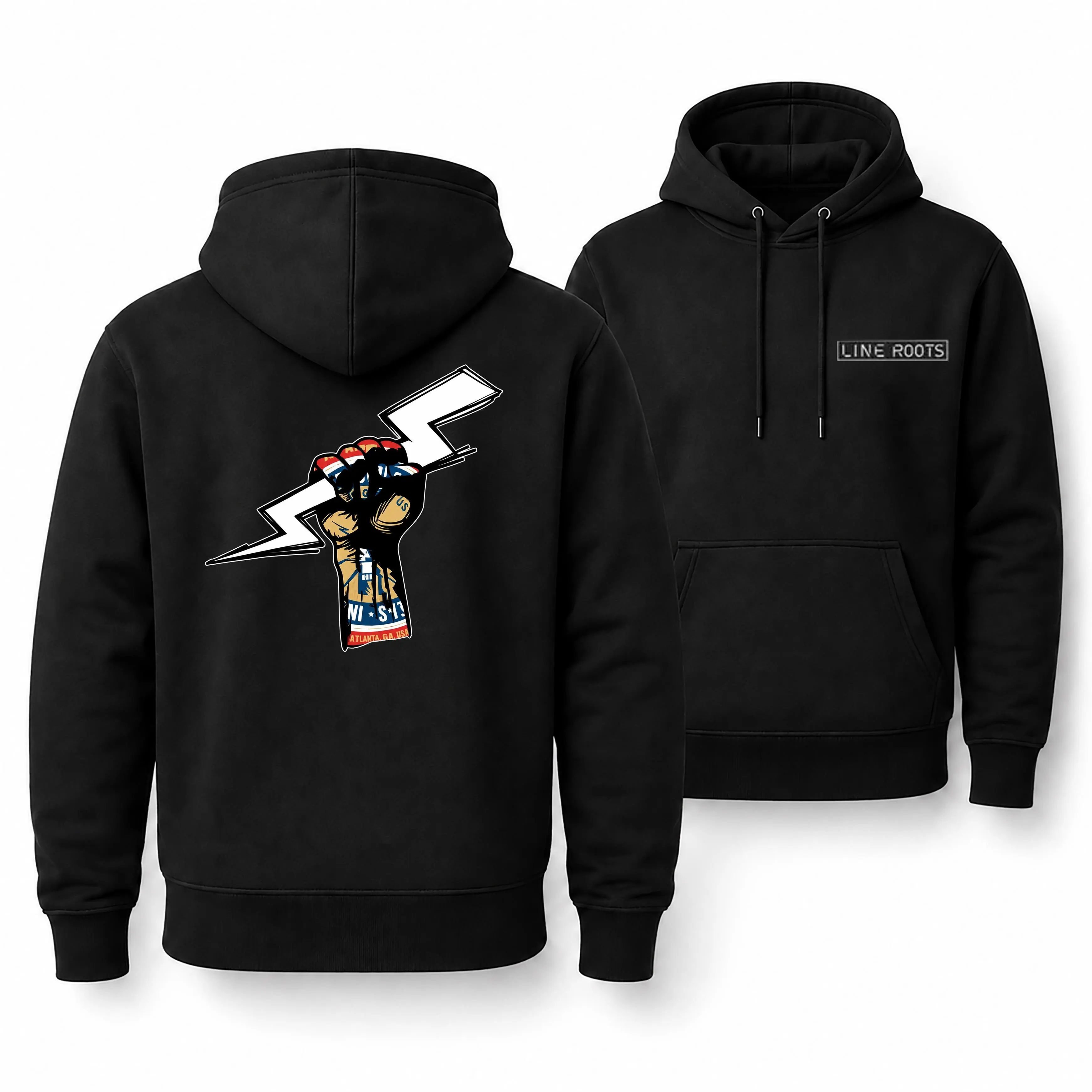 [MADE IN US] Lineman Power Fist Hoodie, Bold Lightning Bolt And Utility Worker Graphic, Blue Collar Gift For Linemen Electricians And Powerline Workers Classic Cotton