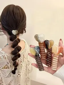 Boho Style Spiral Hair Ties Set, Transparent Heart Design, Resin Bead Ponytail Holders, Women's All-Season Hair Accessories, Daily Styling