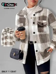 Women's Plaid Fleece Jacket Coat, Front Button Closure, Pockets, Loose Fit, Casual Fall & Winter Outerwear, Comfortable and Stylish