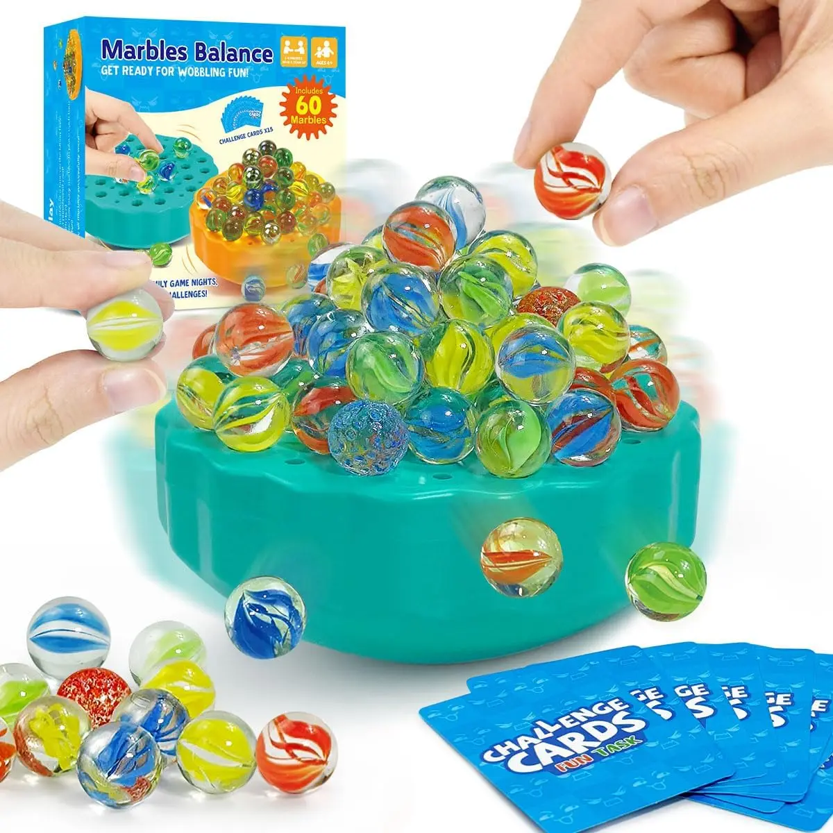 Marbles Balance Challenge Game For Ages 6+ Wobble Stacking Family Game With 60 Marbles Dice & 15 Challenge Cards 1-4 Player Board Kids Toys Game Birthday Christmas Gifts For Kids & Adults