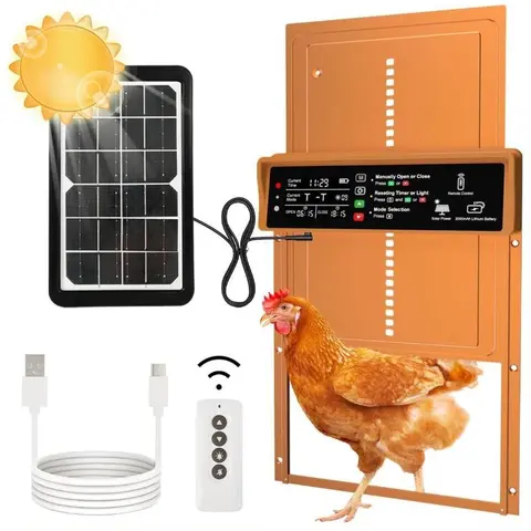 AsFrost Automatic Chicken Coop Door - Solar-Powered Aluminum Alloy Single Unit, 2000mAh Battery, Solar Panel, Timer, Light Sensor, Anti-Trap, Easy to Install, USB Charging, Manual Override, Large Screen Display, Under 10lbs, Orange, Sturdy (For Chickens)