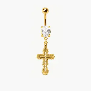 en route Everette Cross Belly Ring in Gold, Celestial Pearl Cross Design, Versatile Jewelry Perfect for Layered Styling & Matching Sets #SpringStatements