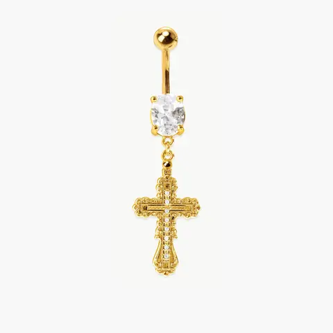 en route 18K Gold Plated Everette Cross Belly Ring in Gold, Celestial Pearl Cross Design, Versatile Jewelry Perfect for Layered Styling & Matching Sets #SpringStatements