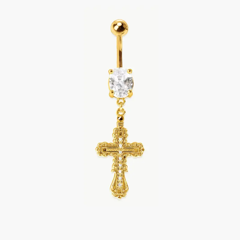 en route 18K Gold Plated Everette Cross Belly Ring in Gold, Celestial Pearl Cross Design, Versatile Jewelry Perfect for Layered Styling & Matching Sets #SpringStatements
