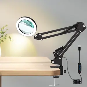 10X Magnifying Glass with Light and Clamp, Hands Free Magnifier with Lights, 3 Color Modes LED Dimmable Magnifiers Desk Lamp for Close Work Crafts Hobby Reading Painting Repair