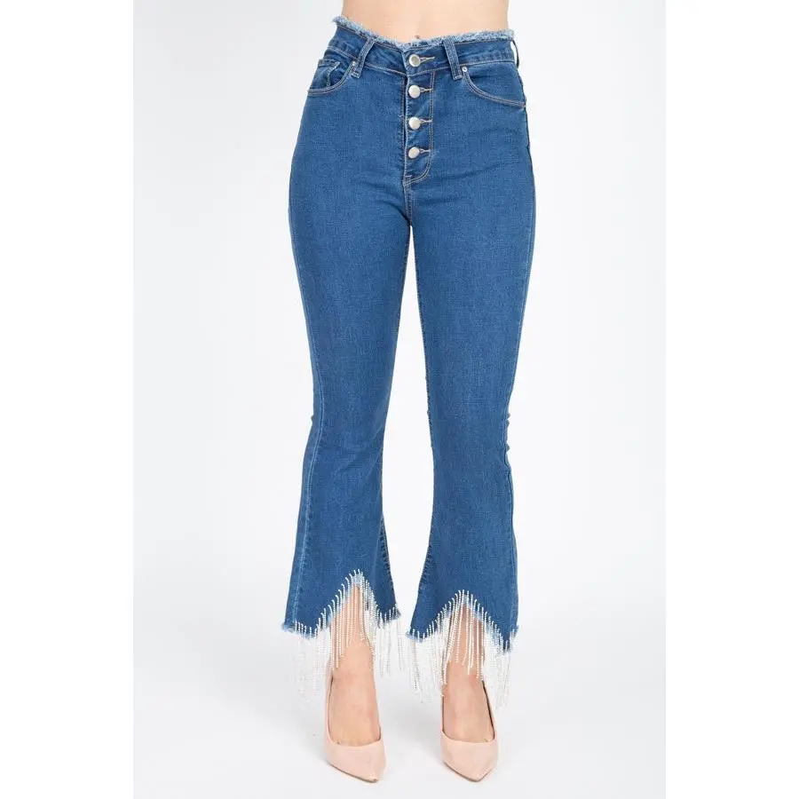 Rhinestone Fringed Flare Skinny Jeans