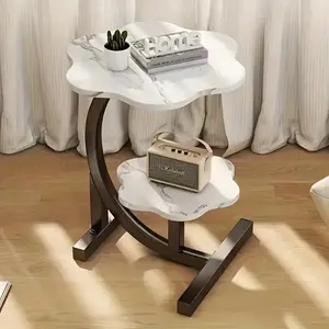 Elegant 2 Layers Flower Shape Marble Texture Small C-shaped Side Table for Sofa Living Room Kitchen Garden Bedroom with Versatile Placement Options and Sophisticated Decor Touch