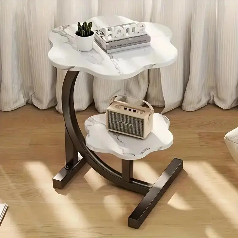 Elegant 2 Layers Flower Shape Marble Texture Small C-shaped Side Table for Sofa Living Room Kitchen Garden Bedroom with Versatile Placement Options and Sophisticated Decor Touch