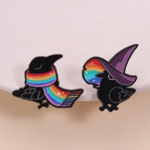 Rainbow Crow Enamel Pin, Alloy Brooch Pin, Brooch Pins, Enamel Lapel Pins, Brooch Pin Clip, Crow with Rainbow Gradient Sparkle Scarf, Wizard Hat, Perfect Accessory for Lgbtq+, Gothic Aesthetic Lovers, Unique Design