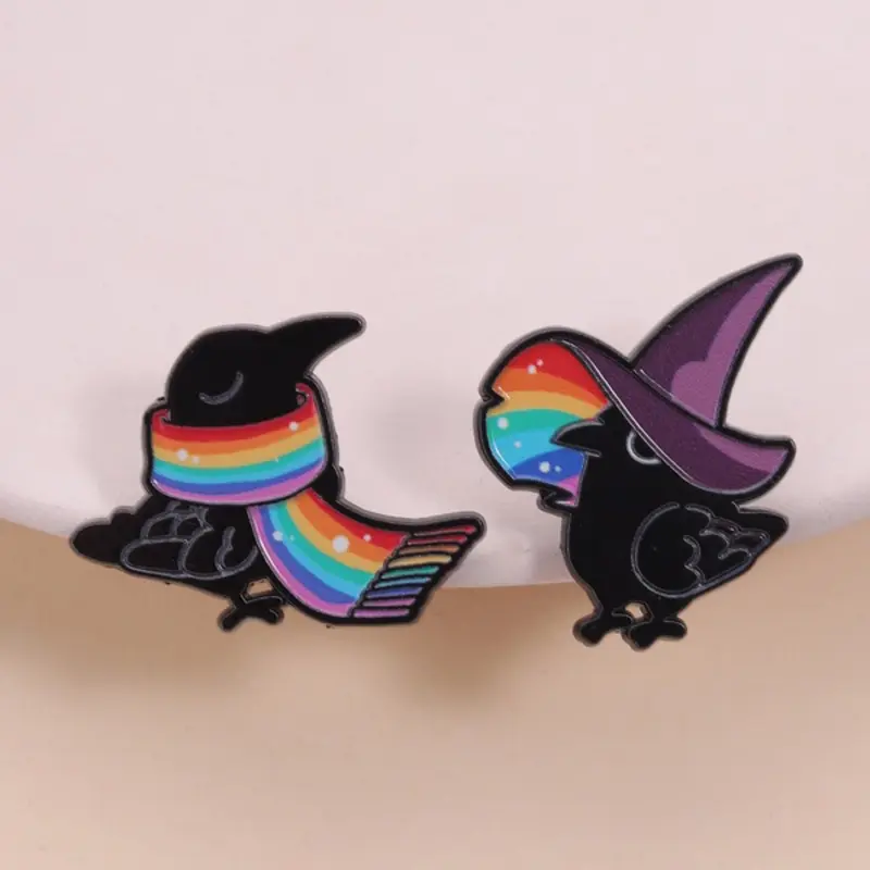 Rainbow Crow Enamel Pin, Alloy Brooch Pin, Brooch Pins, Enamel Lapel Pins, Brooch Pin Clip, Crow with Rainbow Gradient Sparkle Scarf, Wizard Hat, Perfect Accessory for Lgbtq+, Gothic Aesthetic Lovers, Unique Design