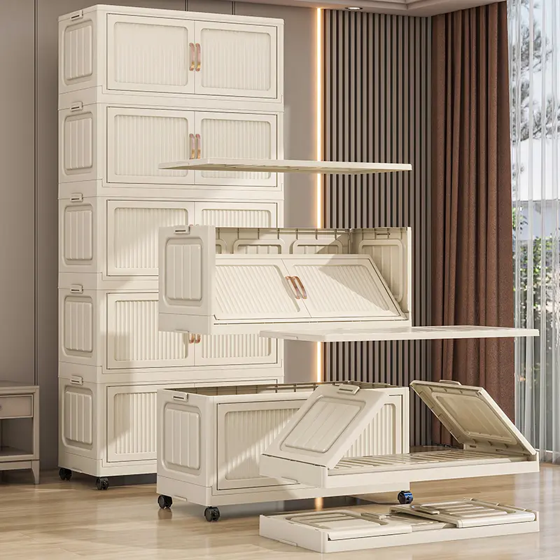 No Assembly Required Foldable Storage Cabinet with Wheels, Large Capacity Double Door Dustproof Closet Organizer for Bedroom, Small Apartment, Rental Home No Assembly Required Foldable Storage Cabinet with Wheels, Large Capacity Double Door Dustproof Closet Organizer for Bedroom, Small Apartment, Rental Home