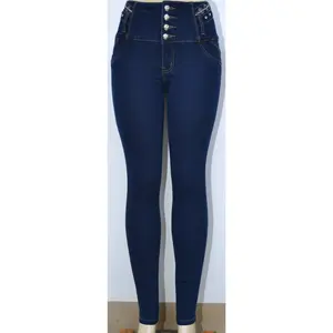 USC-F018 Sexy Anna Butt Lifter Levante Cola Jeans High Waisted Skinny Fit with Rhinestones Buttons & Zipper Push-Up Tummy Control Blue Cotton Women's Bottoms