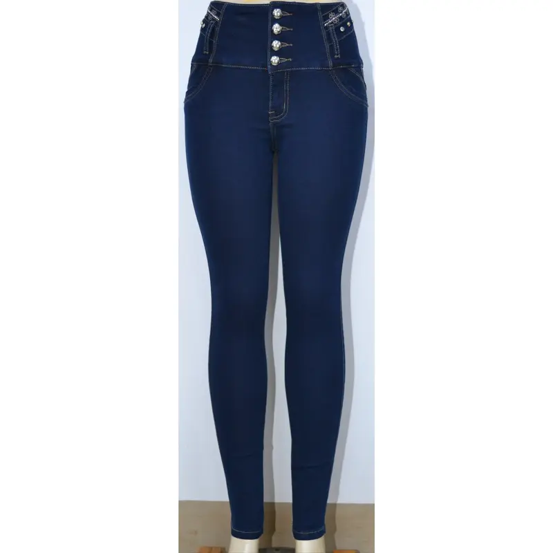 USC-F018 Sexy Anna Butt Lifter Levante Cola Jeans High Waisted Skinny Fit with Rhinestones Buttons & Zipper Push-Up Tummy Control Blue Cotton Women's Bottoms