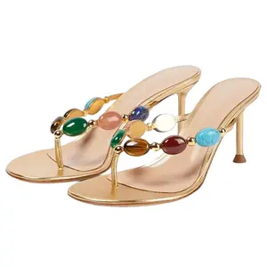 EROCALLI Women's Jeweled Thong Strappy Sandal Summer Mules Kitten Heels Flip Flop Round Open Toe Mid Heels Women’s Gold Metallic Thong Sandals Multi Gemstone Accent Stiletto Heel  Fashion Wedding Party Dress Thong Casual Shoes