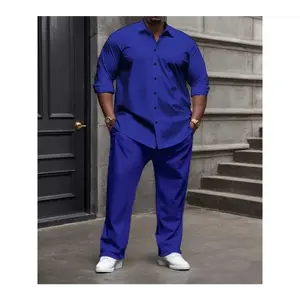 Retro Men's Clothing Men's Plus Size Casual Outfit Set - Solid Color, Long Sleeve Button-Up Shirt & Pants with Pockets, Stretch Fabric, Machine Washable, PLUS SIZE
