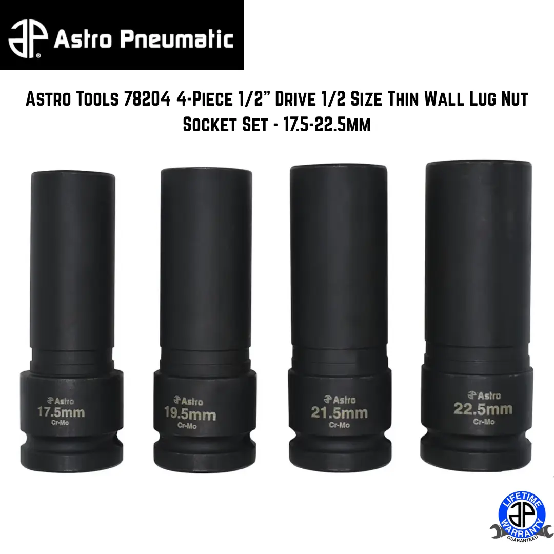 Astro Tools 78204 Socket Wrench Kit, 4-Piece 1/2" Drive Thin Wall Lug Nut Socket Set - 17.5-22.5mm Size